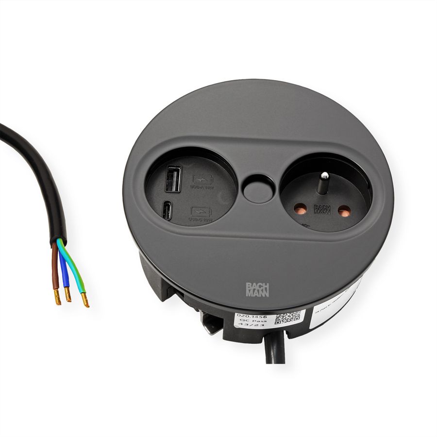 BACHMANN TWIST 2 1xUTE 1xUSB A/C 22W 2.0m AEH RAL9005 30GE round