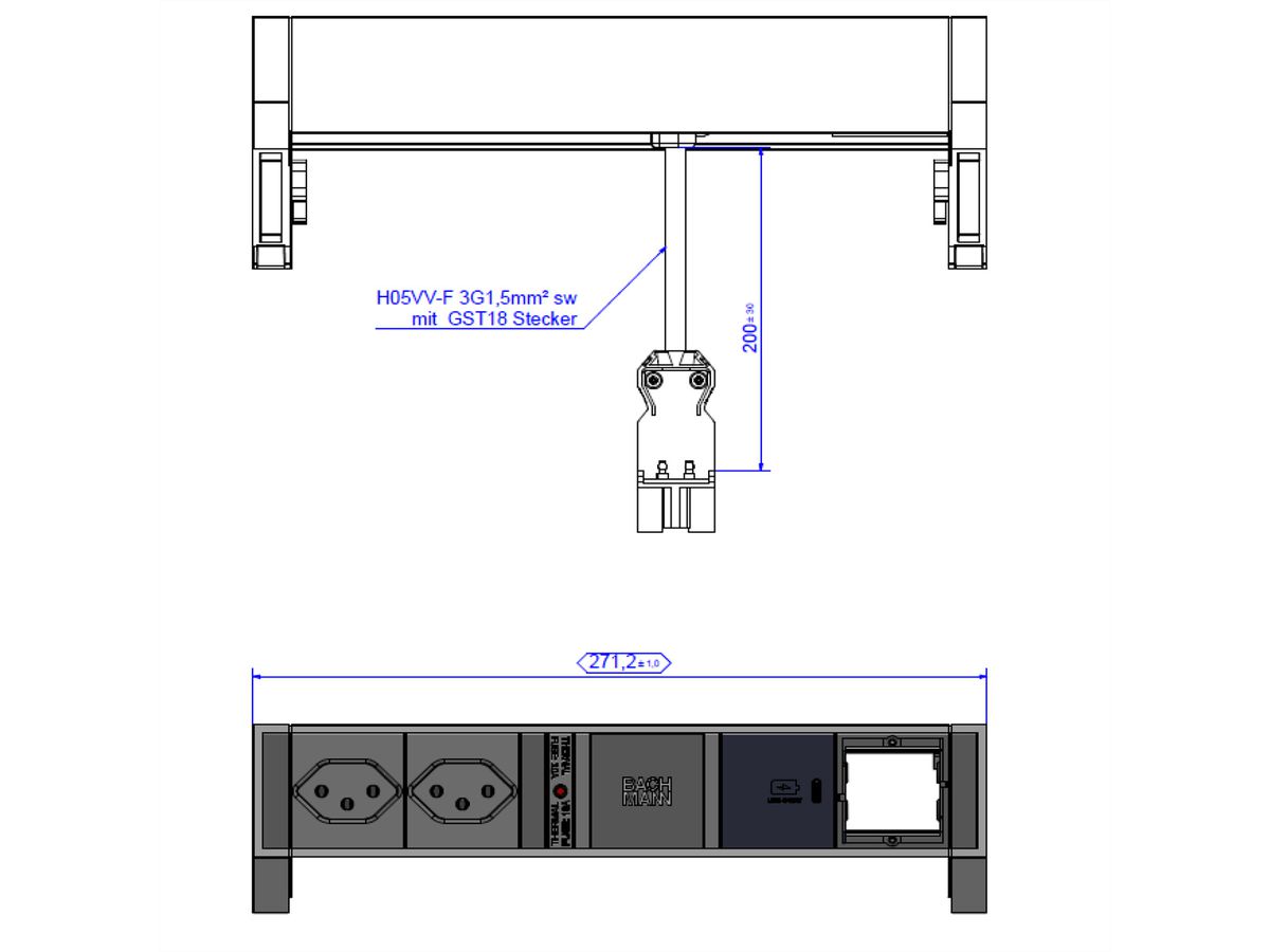 BACHMANN DESK2 ALU BLACK 2xCH T13 1xCM, 1xUSBC 30W 0.2m GST18 Switzerland