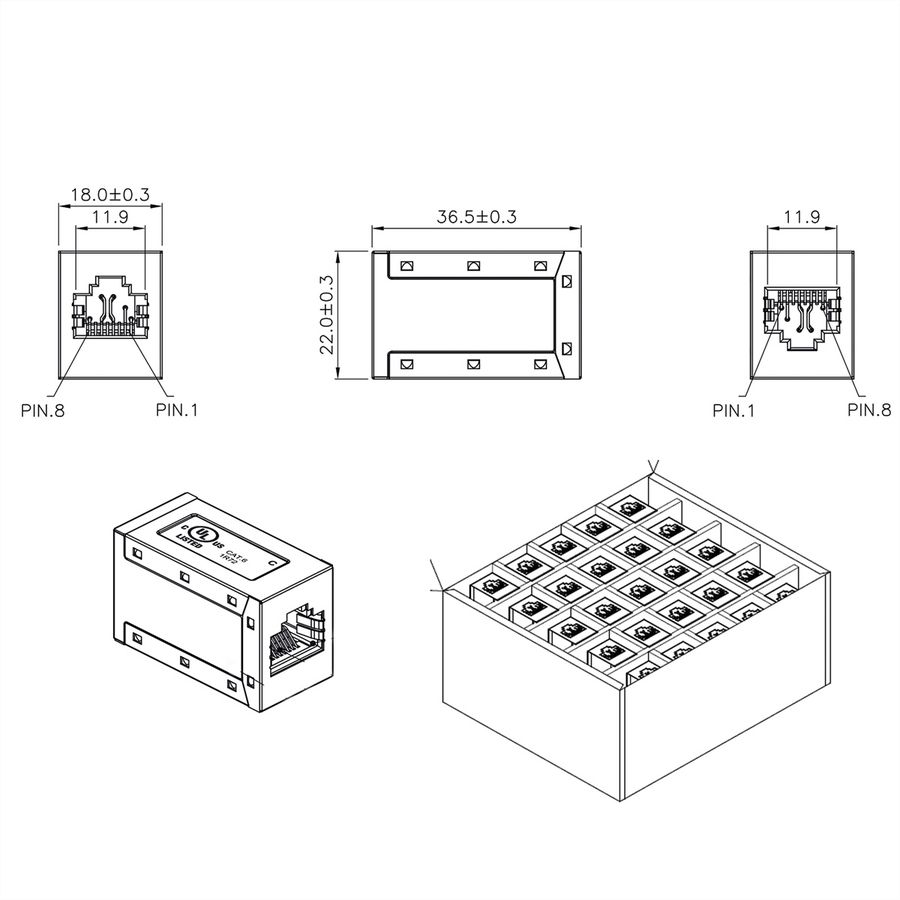 ROLINE RJ45 koppelstuk, afgeschermd, Cat.6 (Class E), Verpakking van 25 stuks