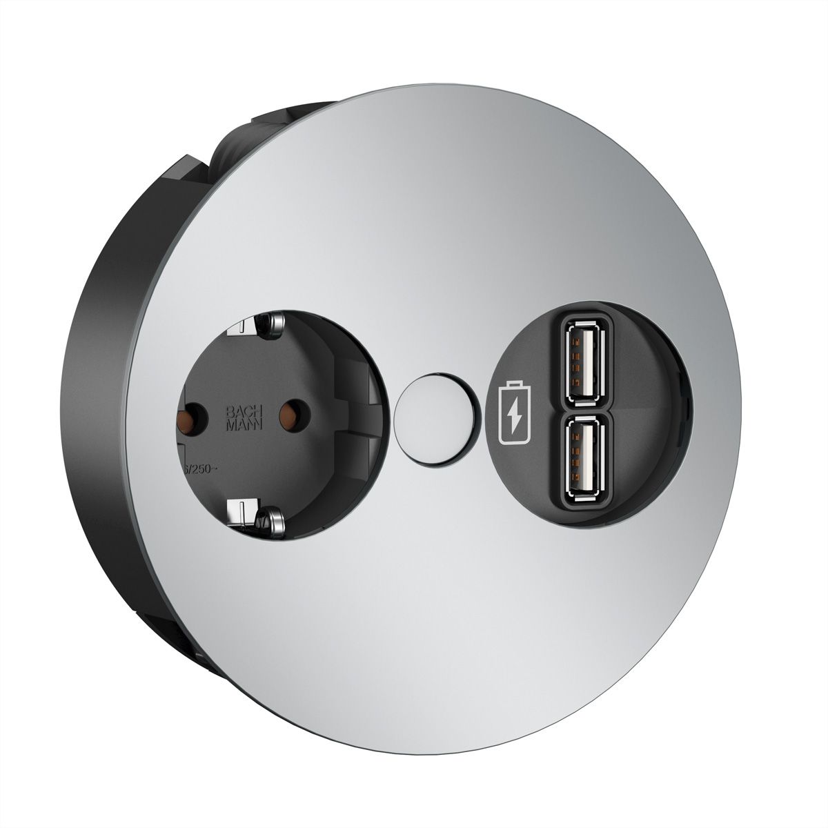 BACHMANN TWIST 1x earthing contact, USB charger, GST18 plug, chrome, 0.2 m