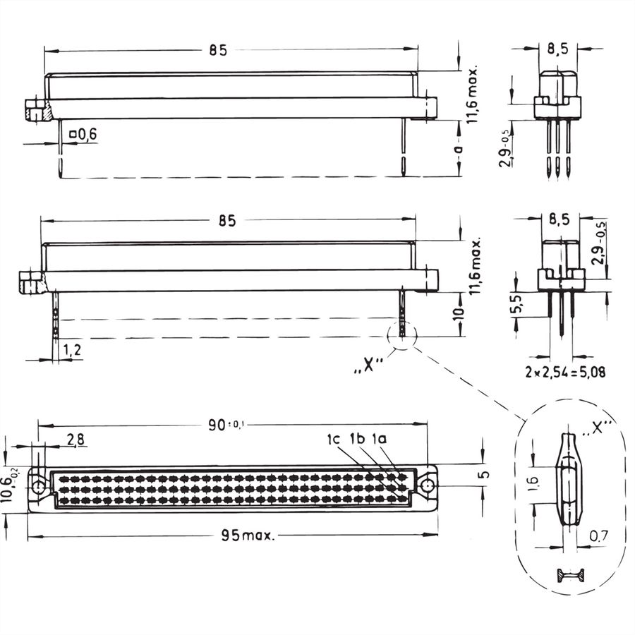 SCHROFF Stekker Type C, EN 60603, DIN 41612, vrouwelijk, 96 contacten, wire-wrap, 13 mm
