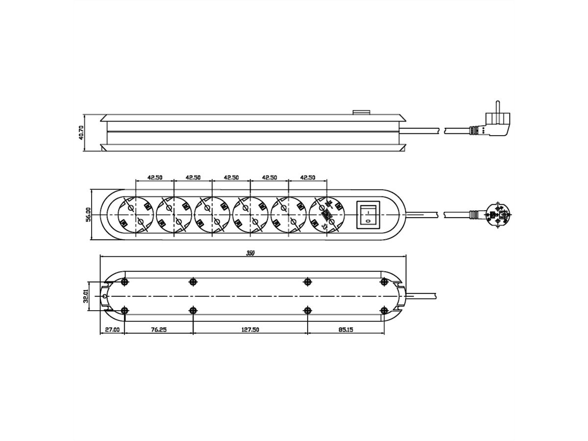 BACHMANN SMART stekkerdoos 6x geaard contact, met schakelaar, zwart, 3 m