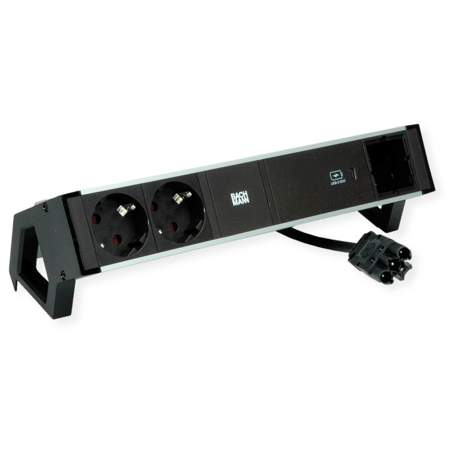 BACHMANN DESK2 ALU ZWART 2xbeschermend contact USB C, USB Lader 60W 1xABD 0,2m GST18