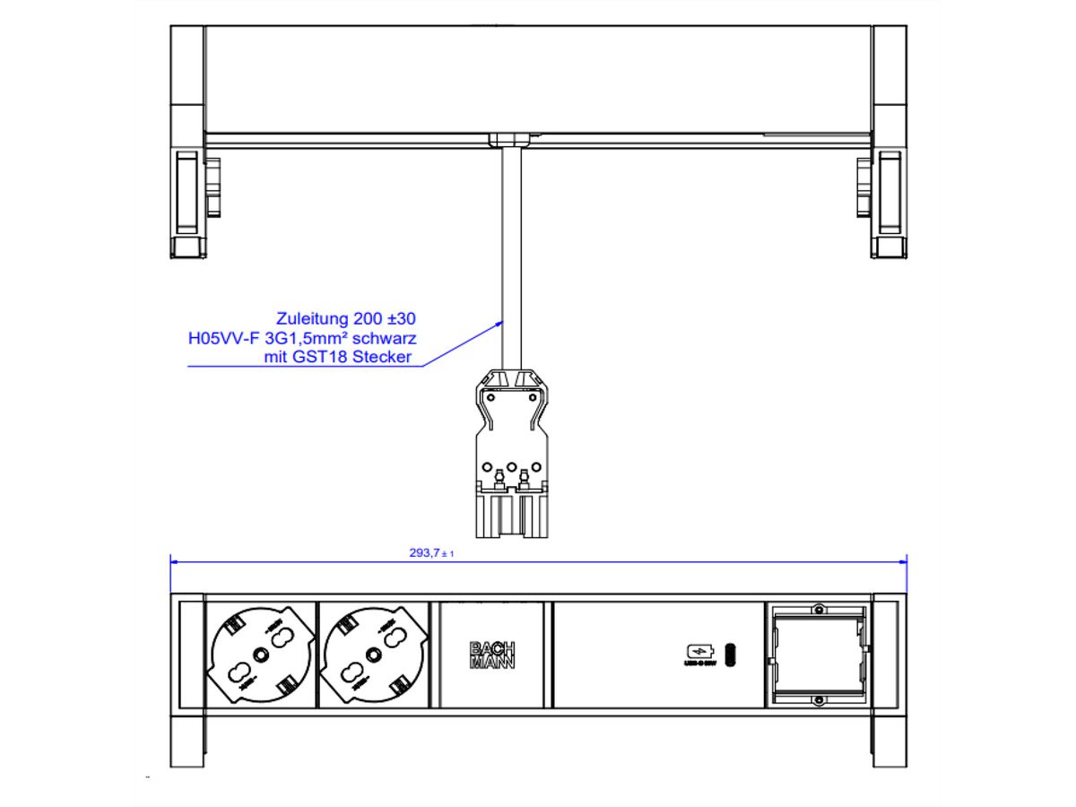 BACHMANN DESK2 ALU ZWART 2xP40 1xCM, 1xUSBC 60W 0,2m GST18 Italië