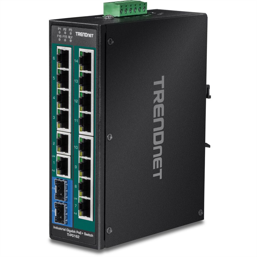 TRENDnet TI-PG162 16-poorts Industriële Gigabit PoE+ Switch DIN-Rail