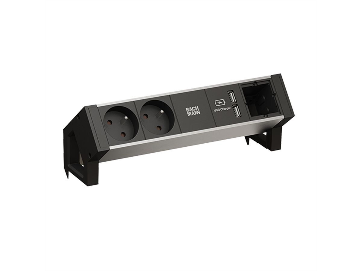 BACHMANN DESK2 ALU ZWART 2xUTE 1xCM 1xUSB Oplader 0,2m GST18