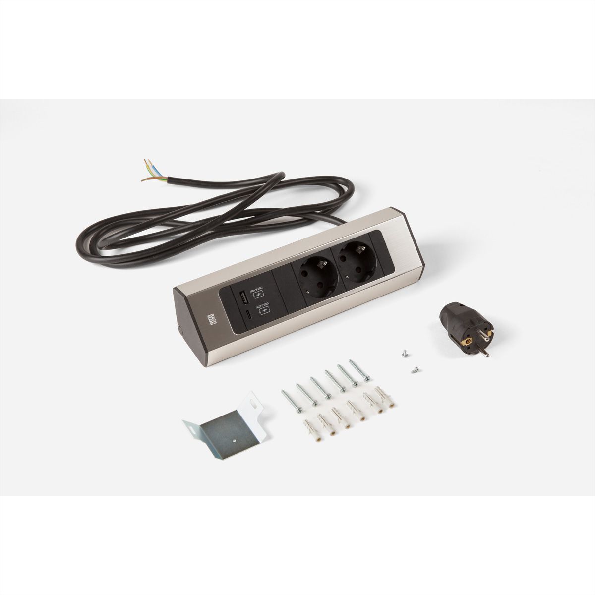 BACHMANN CASIA 2 2xCEE7/3 1xUSB A/C 22W 2,0m AEH roestvrij staal look