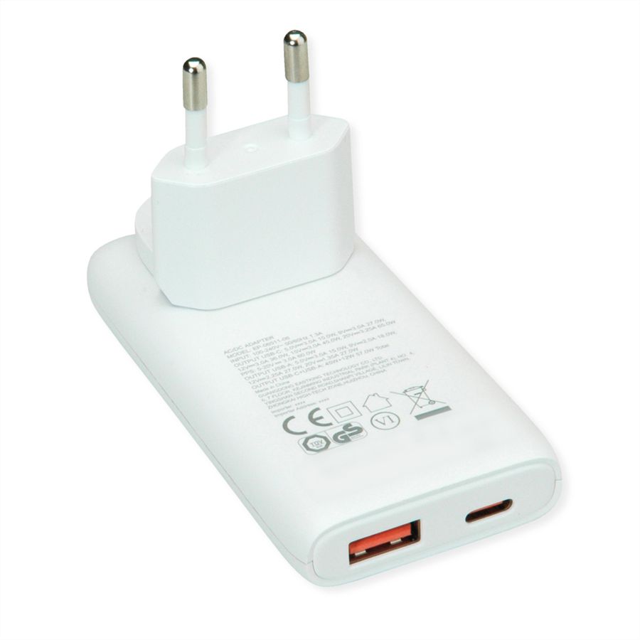 VALUE USB-oplader met Euro-/US-stekker, 2 poorten type A+C, 65W