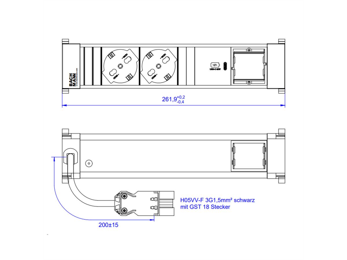 BACHMANN POWER FRAME M 2xP40 1xUSB C 30W, 1xCM 0.2m GST18 Italia