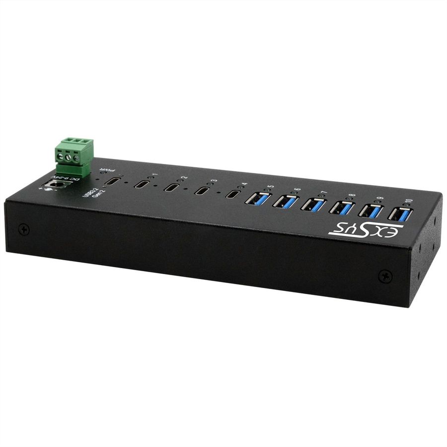 EXSYS EX-12280HMS 10 Port USB 3.2 Gen 2x1 Metal HUB, 4x USB-C, 6x USB-A 3.2 Gen 1, for desk, wall and DIN-Rail mounting