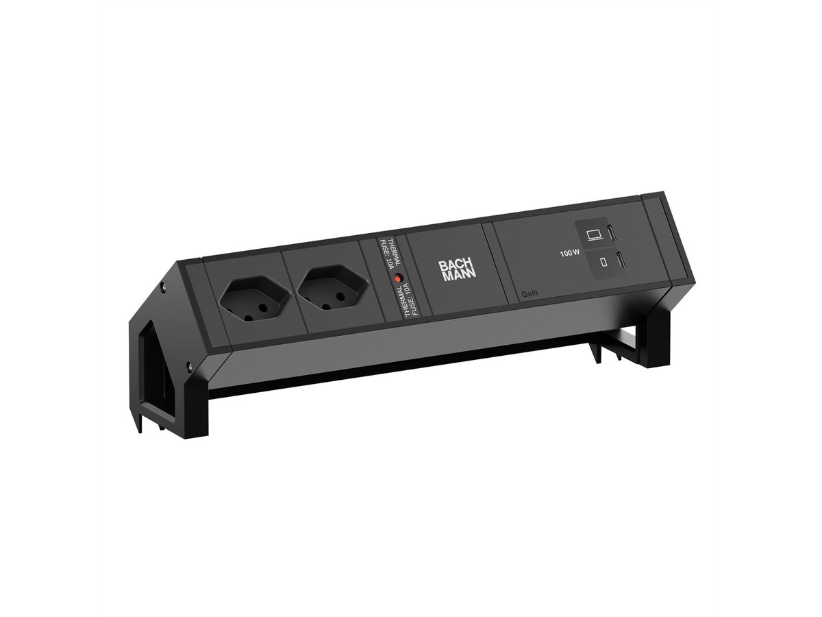 BACHMANN DESK2 2xCH 90° 1xUSB C/C 100W, L=0,2m RAL9005