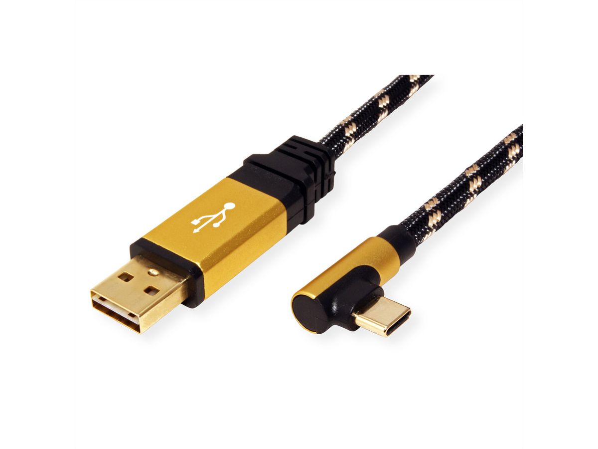 ROLINE GOLD USB 2.0 Kabel, USB A Male reversible - USB C 90° Male, 1,8 m