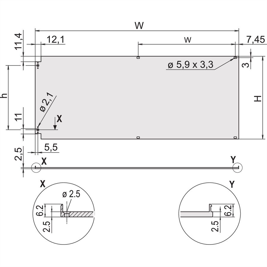 SCHROFF voorpaneel, afgeschermd, zijdelings scharnierend, 3 HE, 84 HP, 2,5 mm, Al, vooraan geanodiseerd, achteraan geleidend