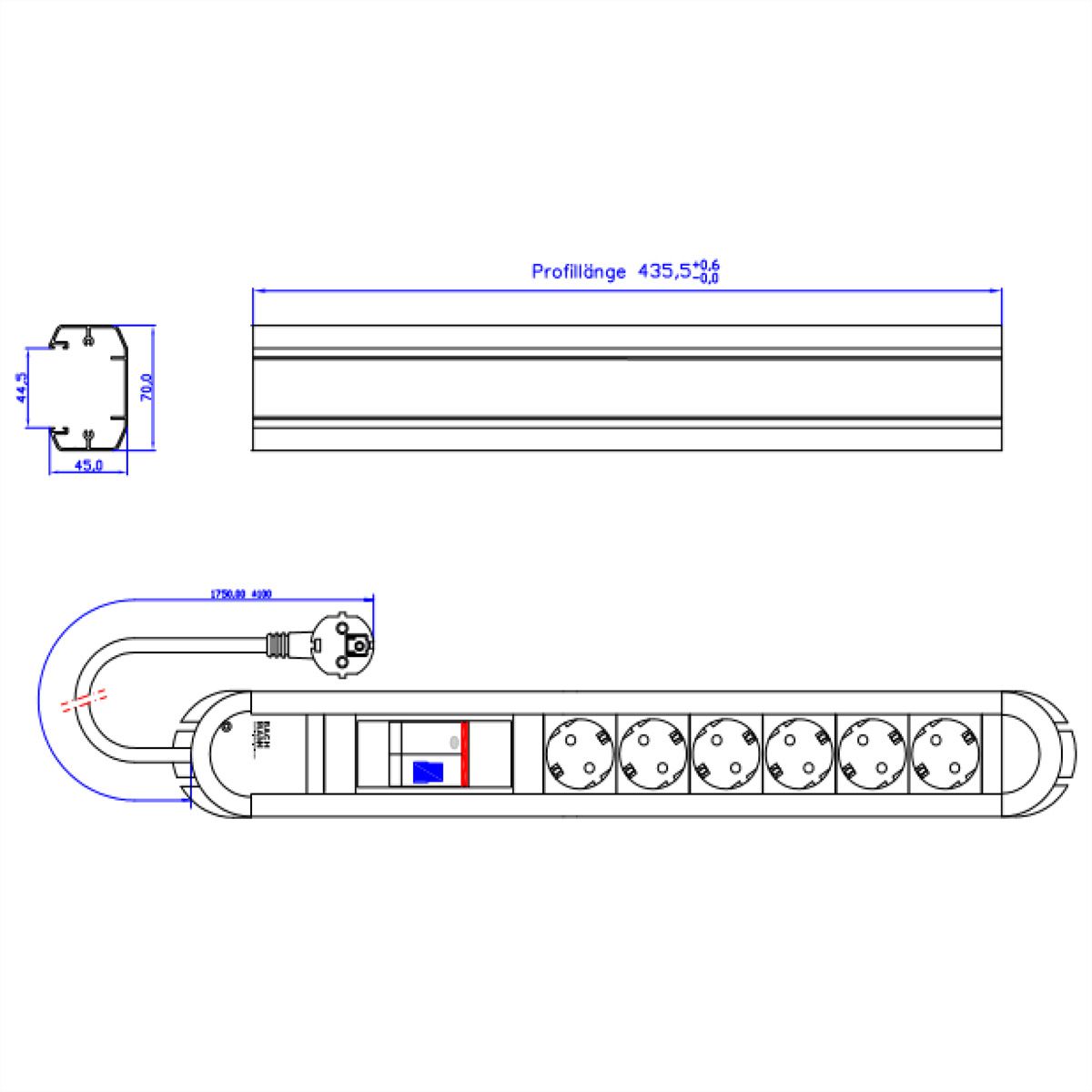 BACHMANN PRIMO RCD socket strip 6x earthing contact 1xRCD protection, aluminium, 2 m
