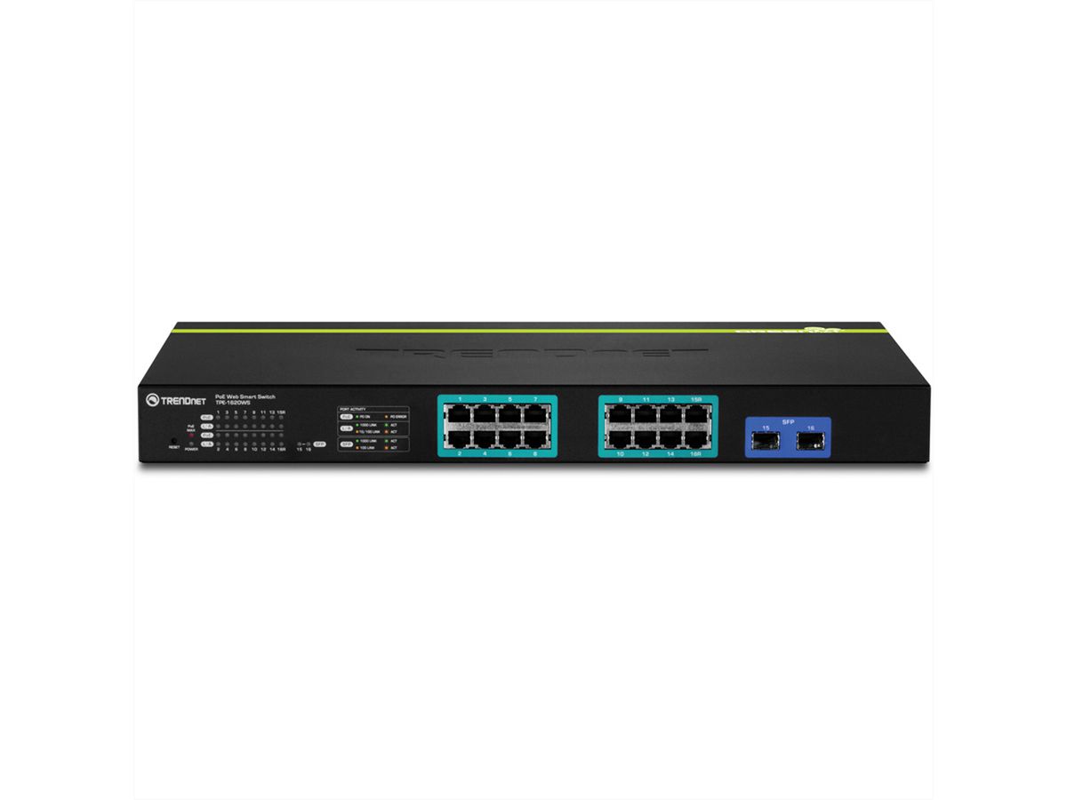 TRENDnet TPE-1620WS 16-poorts switch Gigabit Web Smart 16 PoE, 2 SFP (gedeeld)