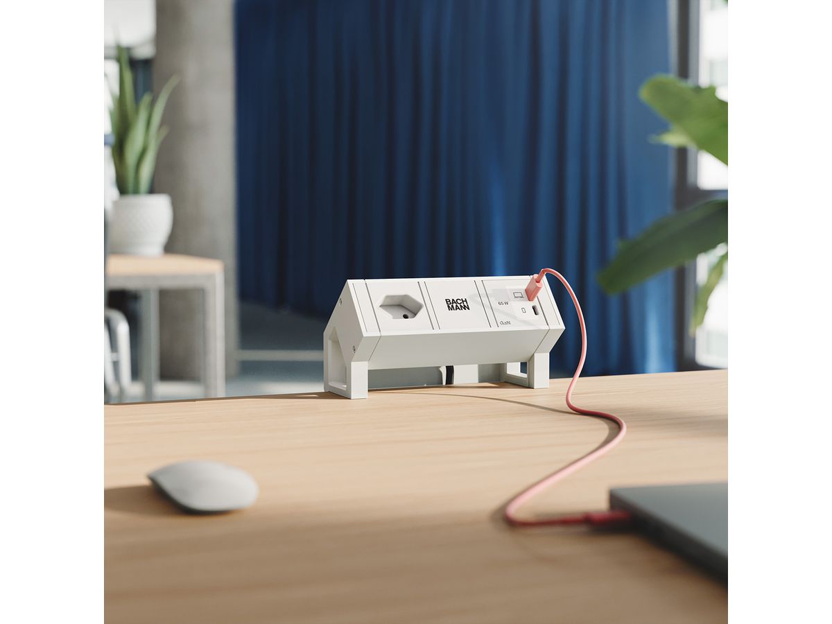 BACHMANN DESK2 white 1xCH 90°, 1x USB C/C 65W L=0.2m RAL9010