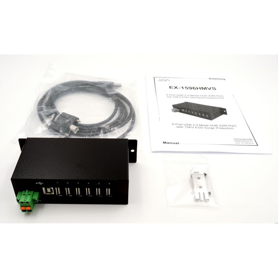 EXSYS EX-1596HMVS 6 Port USB 2.0 Metall HUB mit 15KV ESD Überspannungs-Schutz (Din-Rail)