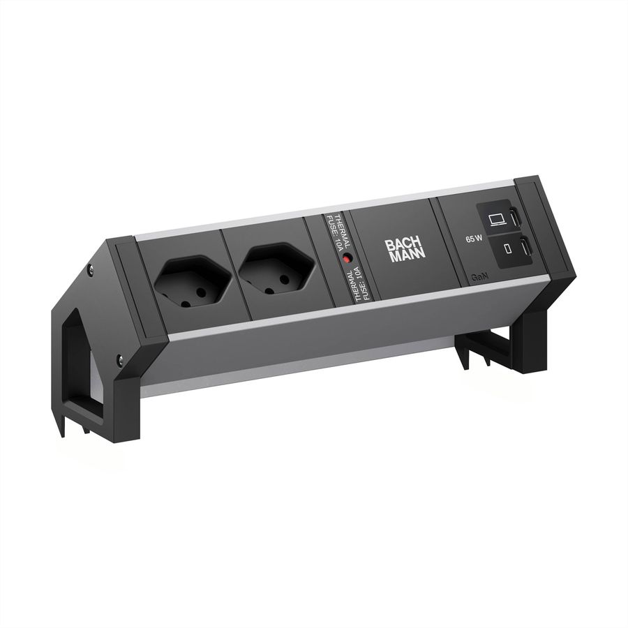 BACHMANN DESK2 ALU BLACK 2xCH 90°, 1xUSB C/C 65W L=0,2m