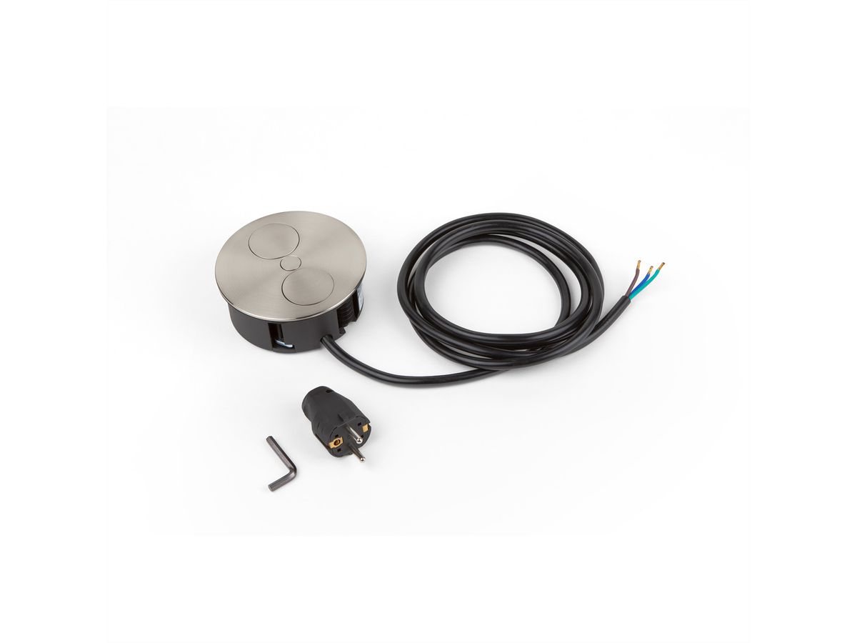 BACHMANN TWIST 1x earthing contact, Wire end ferrules, USB charger, earthing contact mounting plug, Stainless steel, 2 m