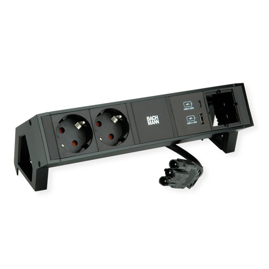 BACHMANN DESK2 2xbeschermend contact USB A&C, USB Lader 22W 1xABD 0,2m GST18 zwart