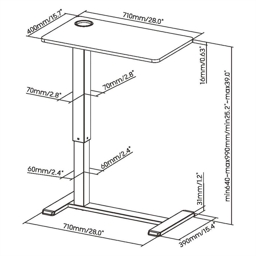 ROLINE Gas Spring Side Table / Workstation, height-adjustable, hidden casters, white