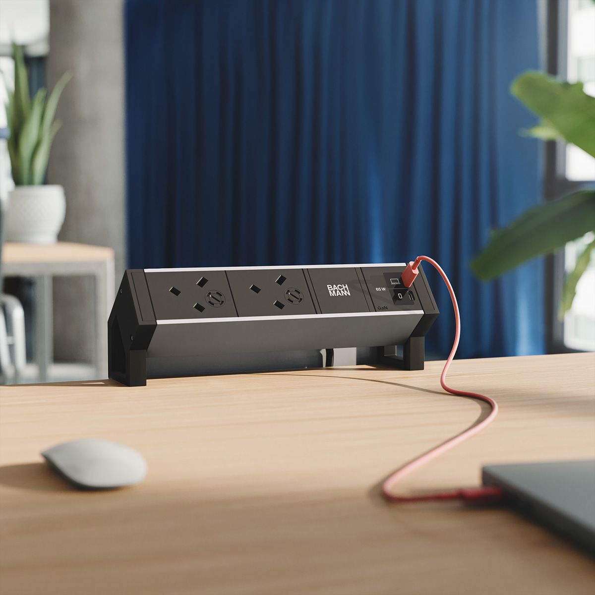BACHMANN DESK2 ALU BLACK 2xUK, 1xUSB C/C 65W L=0,2m
