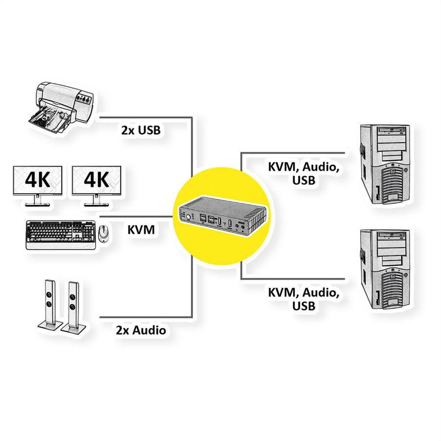 ROLINE Dual-Head 4K@60Hz HDMI KVM Switch, 2 PCs, DP/HDMI, Audio, with 2 Port USB 2.0 Hub