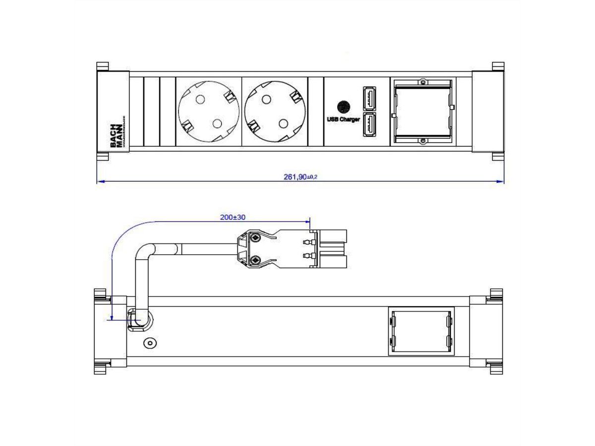 BACHMANN POWER FRAME Medium 2x geaard stopcontact 1x USB oplader 1x ABD