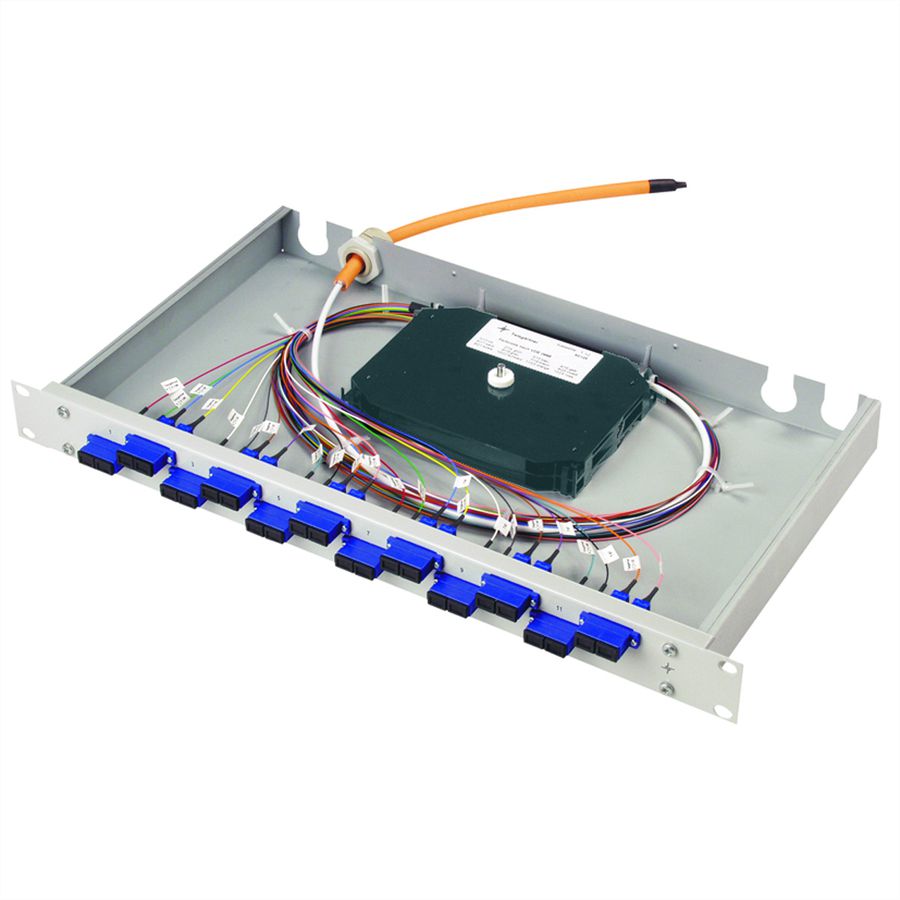 FO-PP BAS-ECO 1U 12 LCD OM2 PT, 12 LCD OM2 PT, with assembled adaptors and coloured pigtails
