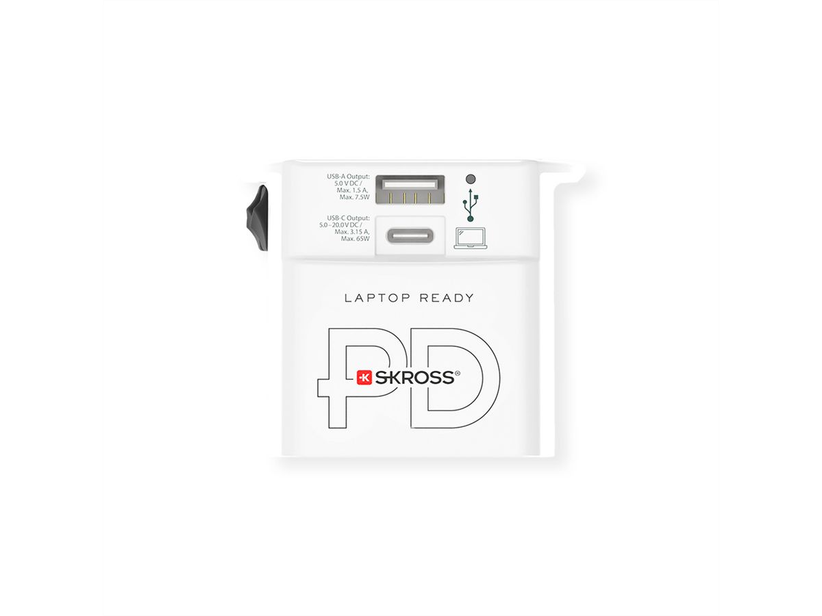 Skross MUV USB AC65PD World Travel Adapter with USB C Cable, worldwide