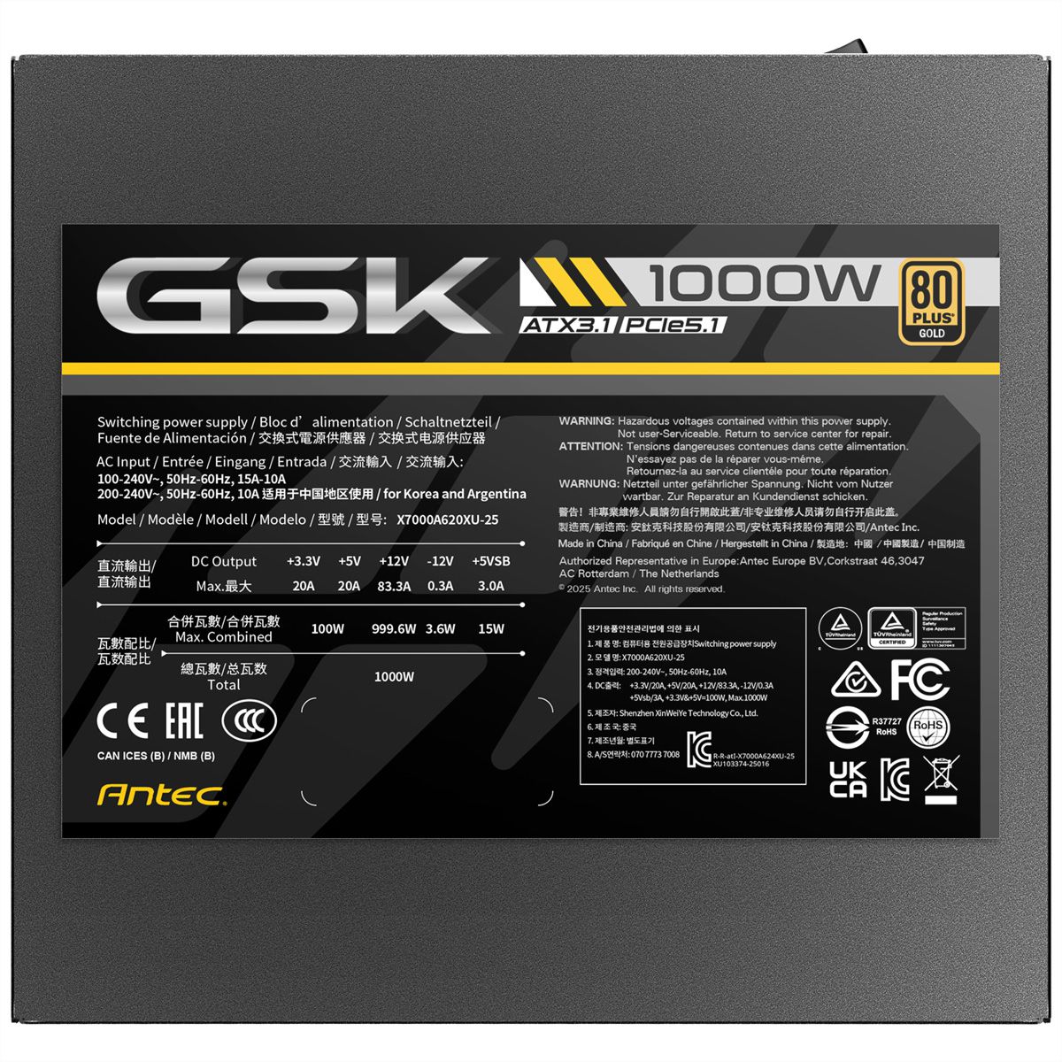 ANTEC GSK 1000 ATX3.1 1000 W Vollmodulares 80 PLUS Gold-Netzteil, schwarz