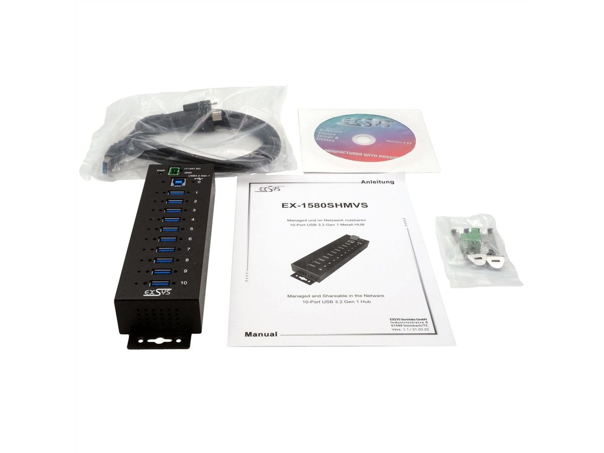 EXSYS EX-1580SHMVS Managed, Netzwerk-teilbarer 10-Port USB 3.2 Gen 1 Metall HUB, 15KV ESD Schutz