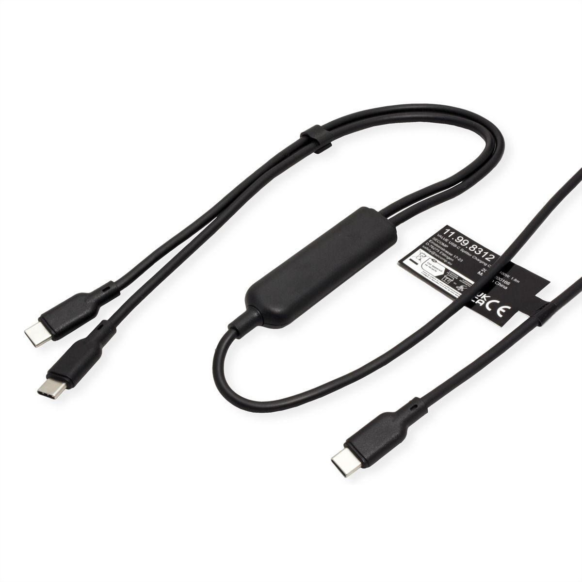 VALUE USB 2.0 Y-Splitter Charging Cable, 1x C to 2x C, max. 100W, black, 1.8 m