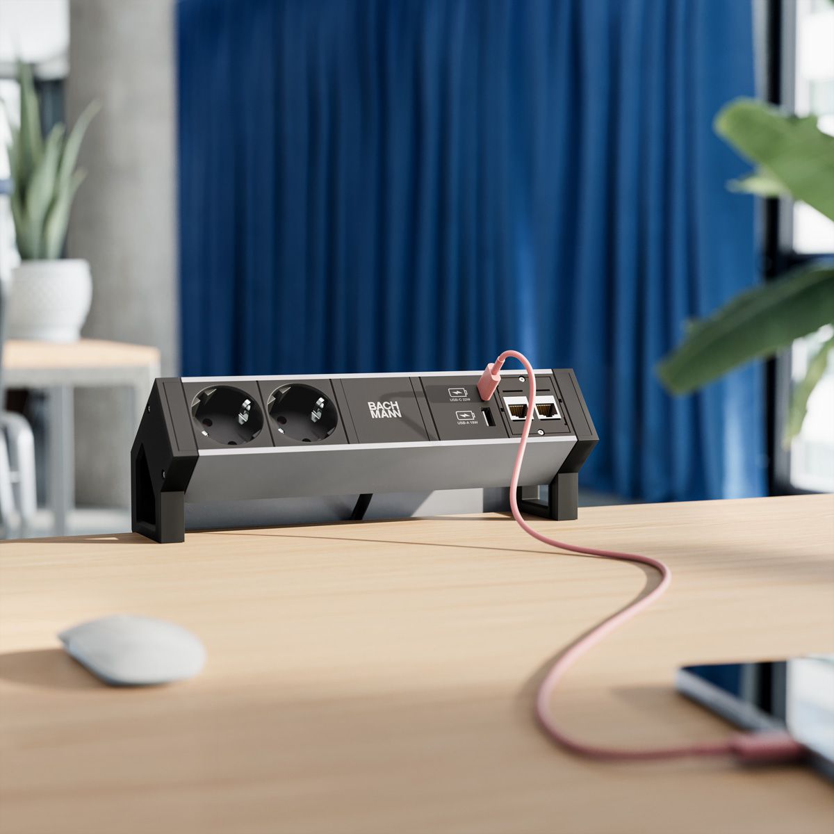 BACHMANN DESK2 ALU BLACK 2xProtect.USB, USB Charger 22W A&C 1xABD 0.2m GST18