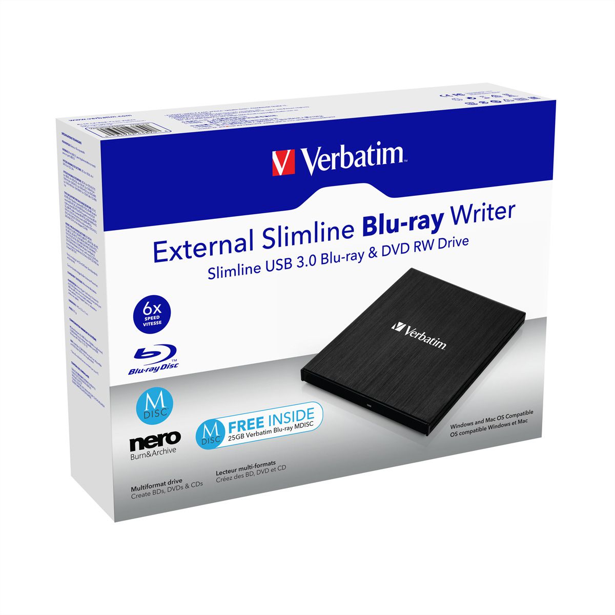 VERBATIM Blu-Ray Recorder, BDXL, USB 3.0, 6x/8x/24x, Slimline portable