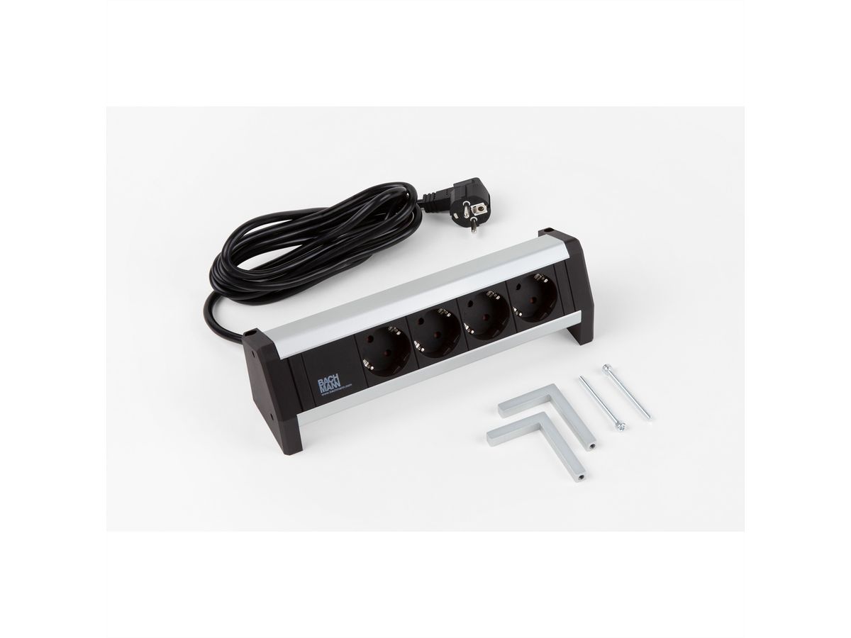 BACHMANN DESK 4x earthing contact with fixed connection cable, black, 3 m