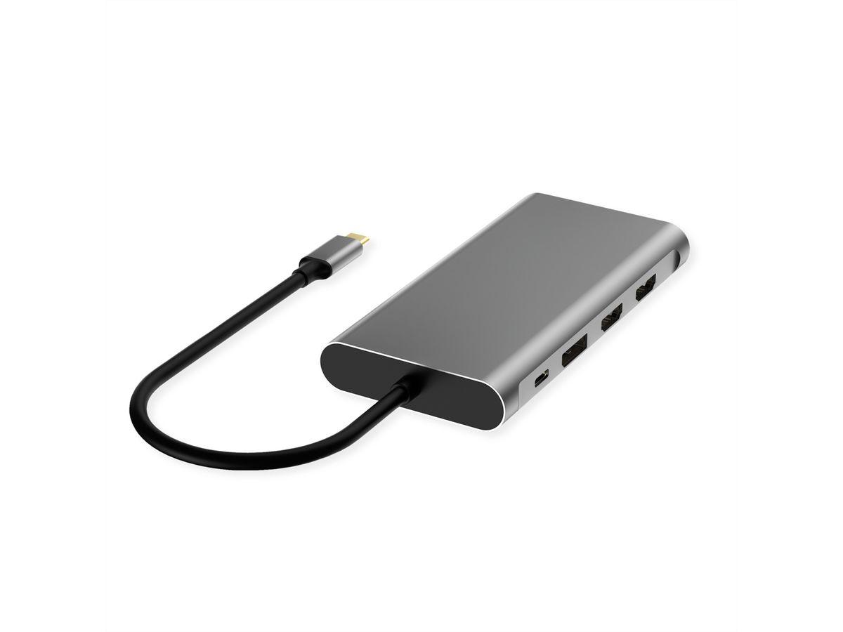 VALUE Dockingstation Type C, 1x HDMI 4K60, 1x HDMI 4K30, 1x DP 4K60, 1x VGA 1080P, 1x Gigabit Ethernet, 2x USB 3.2 Gen1 (C), 1x USB 3.2 Gen1 (A), 1x USB 2.0 (A), 1x Type C PD (Power Delivery)