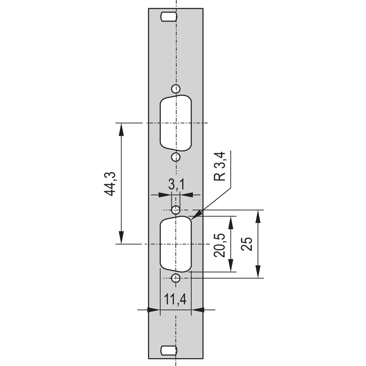 SCHROFF 19" voorpaneel met D-subuitsparing, 2x9-pins, 3U, 4 HP, 2,5 mm, Al, RAL 7035