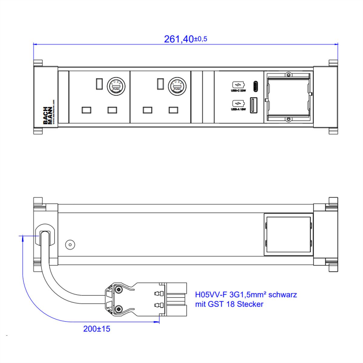 BACHMANN POWER FRAME M 2xUK USB A&C 22W, 1xCM 0.2m GST18 United Kingdom