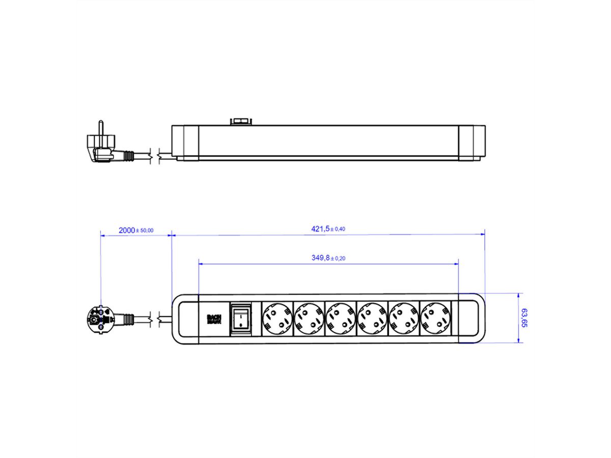 BACHMANN PRIMO2 socket strip 6x earthing contact, aluminium, switch, black, 2 m