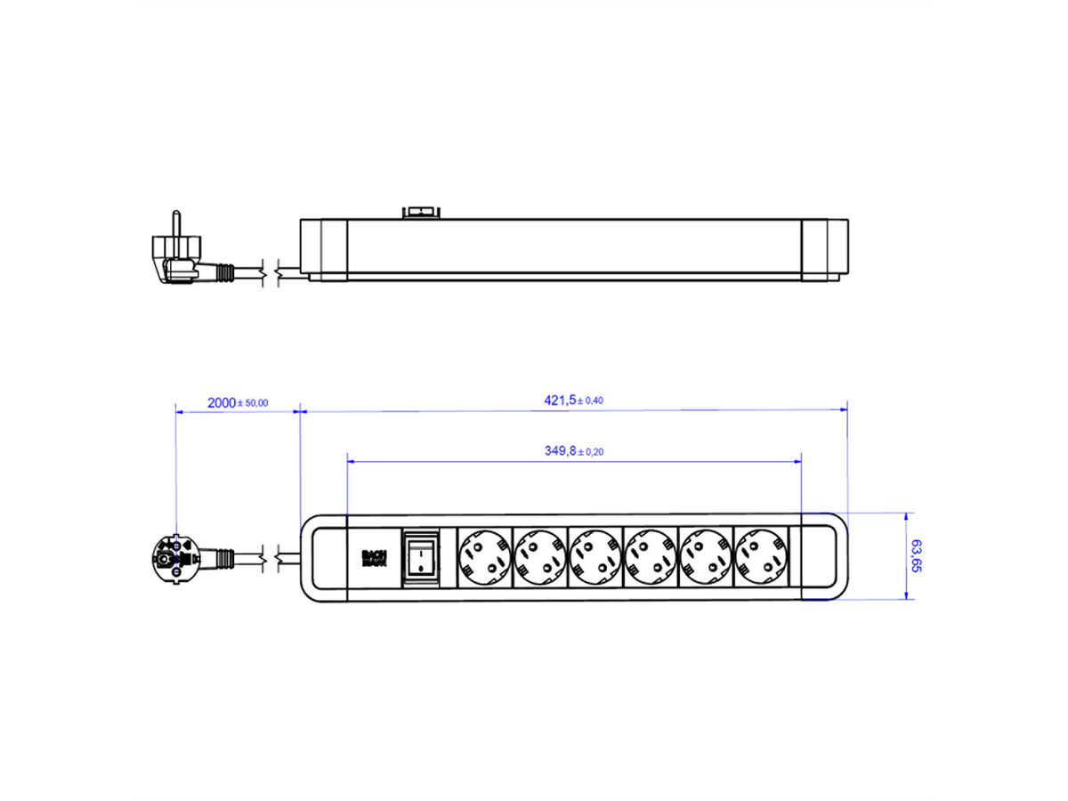 BACHMANN PRIMO2 stekkerdoos 6x geaard contact, aluminium, met schakelaar, zwart, 2 m