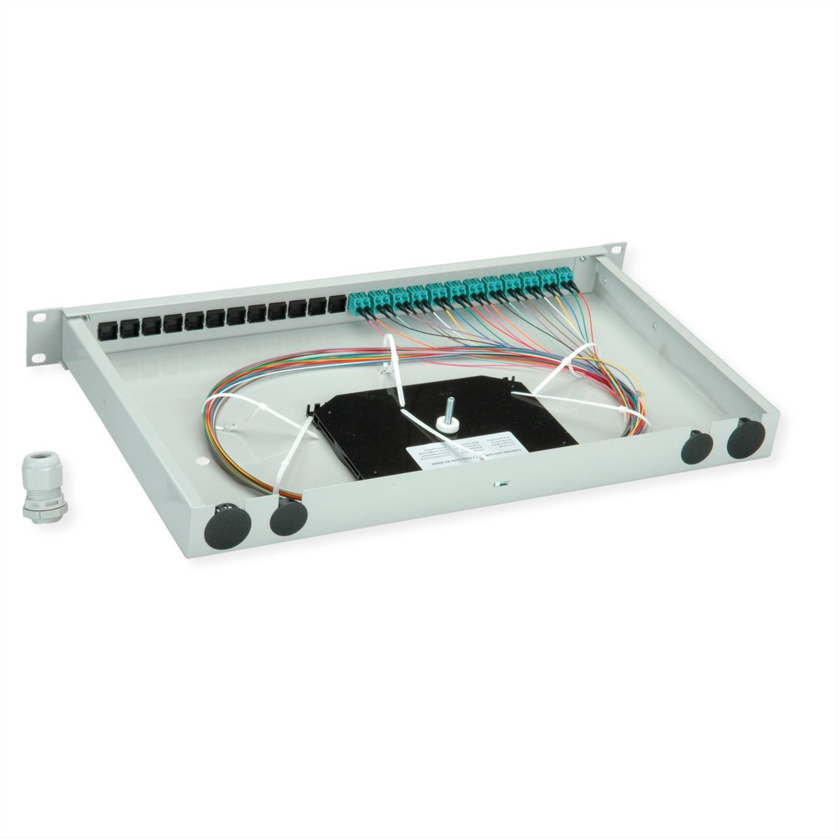 TELEGÄRTNER BASIS eco LWL-Panel mit Kupplungen & Pigtails, 12x LC Duplex, türkis, OM3, Grade C