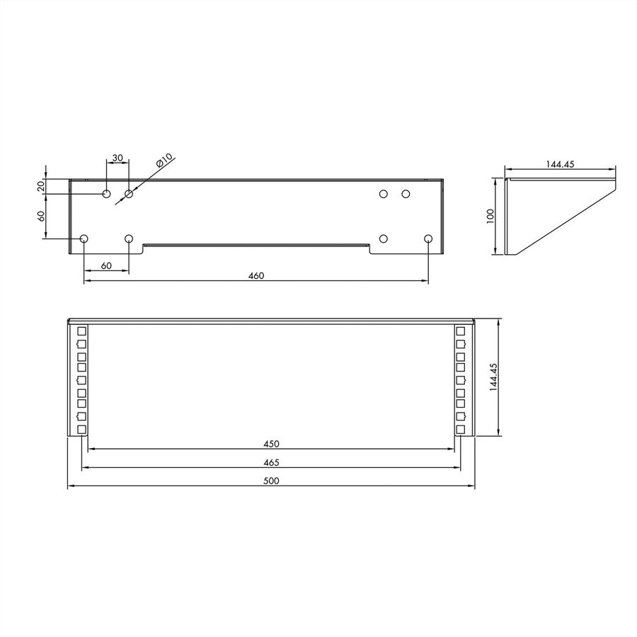 19" wand-/ondersteuningsbeugel, 3 HE, zwart