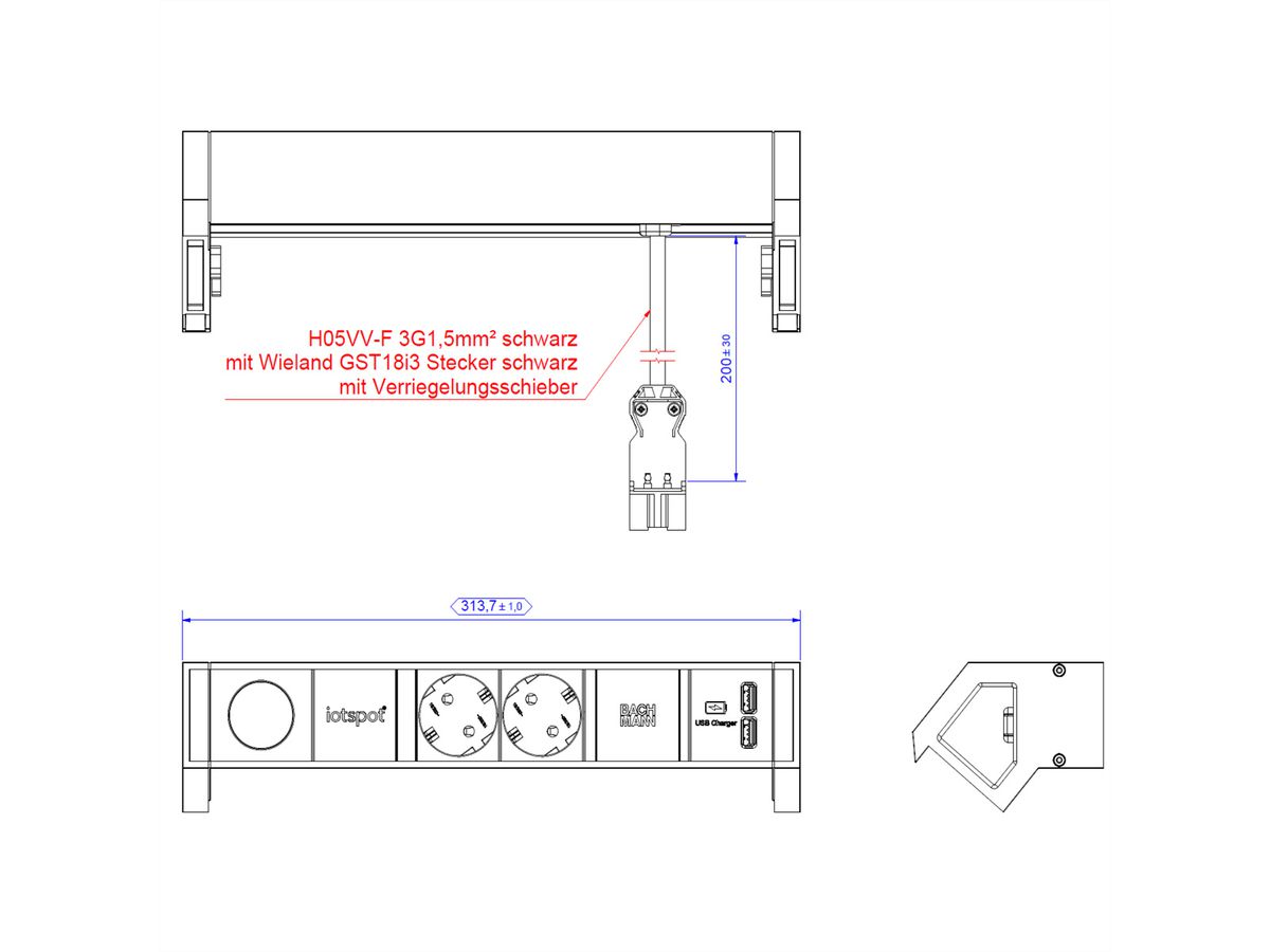 BACHMANN DESK2 1xIOTspot 2xprotective contact, USB Charger 0.2m GST18, inox