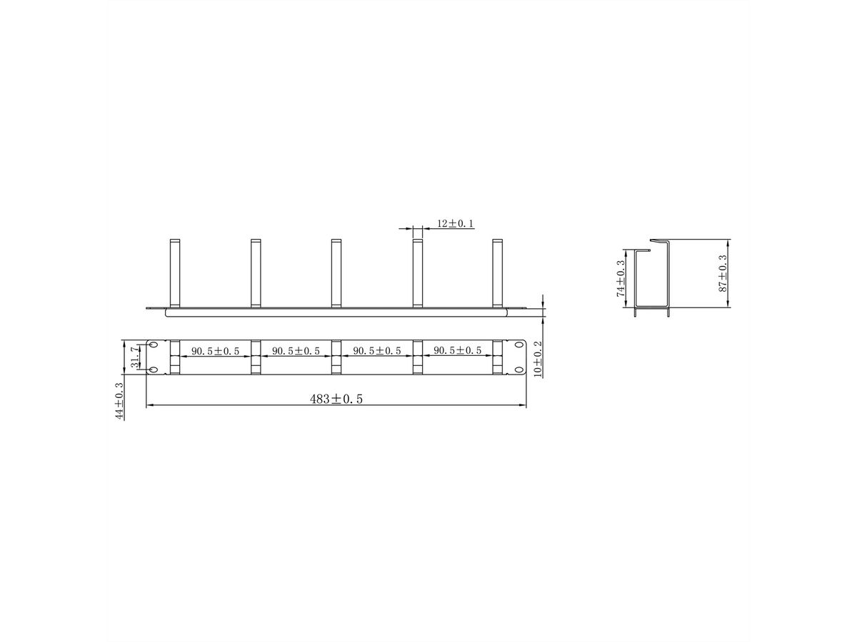 VALUE 19" 1U Cable Management Plate, G-Type, 5 Hooks, grey