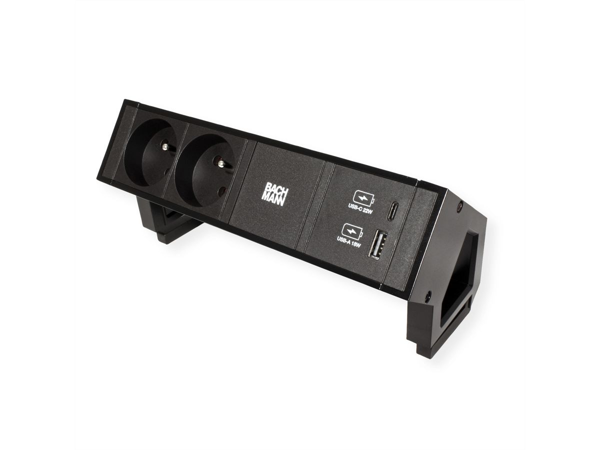 BACHMANN DESK2 2xUTE 1xUSB A/C 22W, GST18 RAL9005, schwarz, 0,2 m