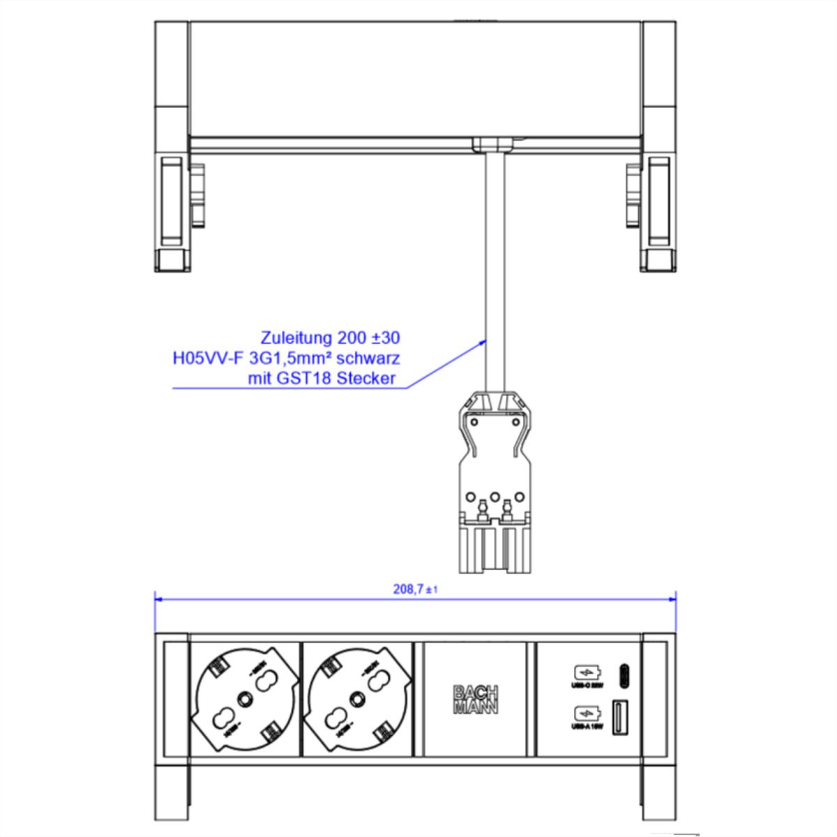 BACHMANN DESK2 2xP40 1xUSB A/C 22W, 0.2m GST18 INOX Italia