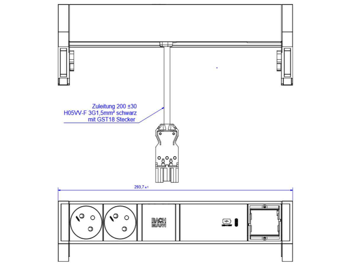 BACHMANN DESK2 ALU ZWART 2xUTE 1xCM 1xUSBC 60W 0,2m GST18