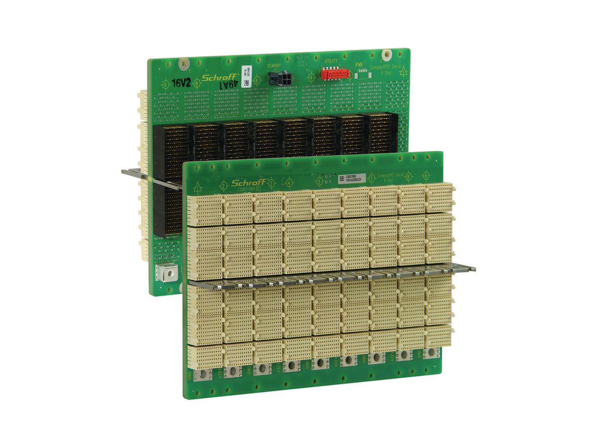 SCHROFF CPCI seriële backplane, 3 HE, 9 sleuven, systeemsleuf links, enkele ster, met RIO
