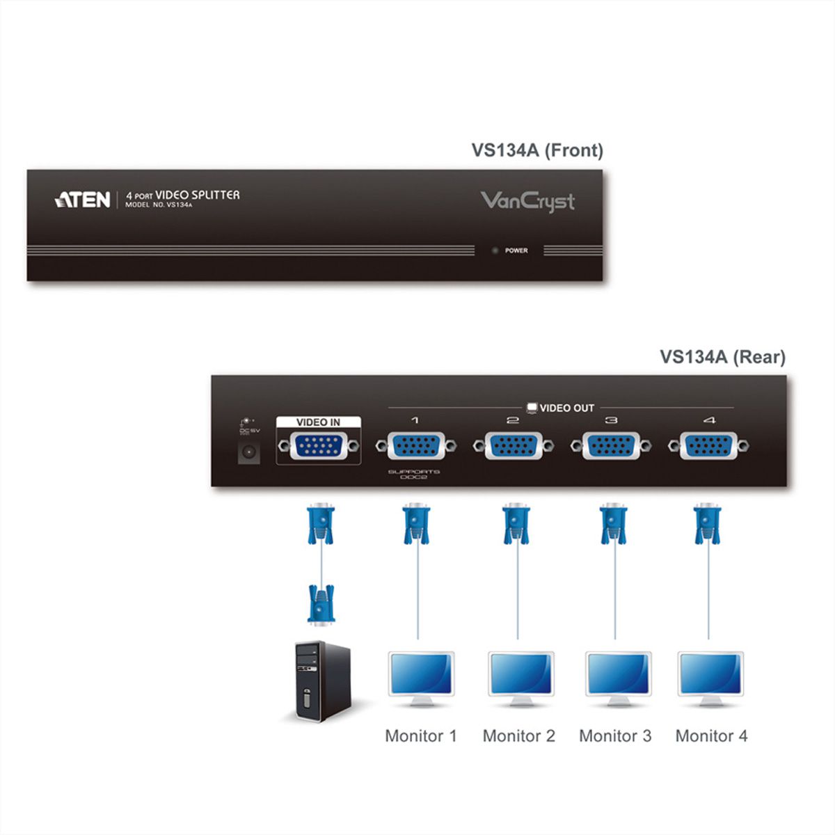 ATEN VS134A VGA Video Splitter, 450MHz, 4-voudig